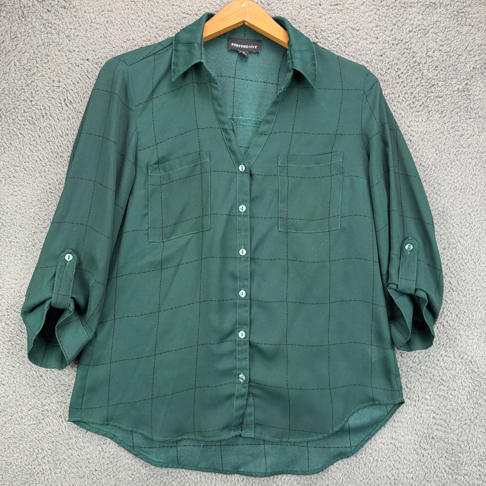 Fortune‎ + Ivy Womens Green Grid Print Roll Tab Sleeve Button Up Shirt Size M